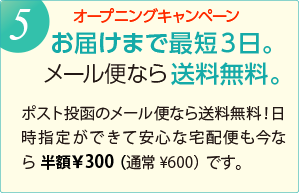 お届けまで最短３日。 メール便なら送料無料。